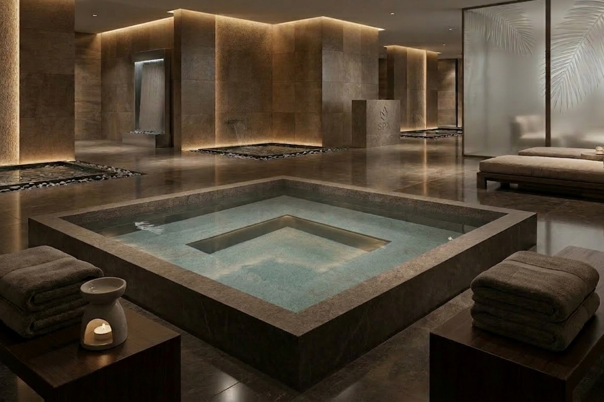 STIG freestanding hot tub installed in a luxury residential spa with stone finishes