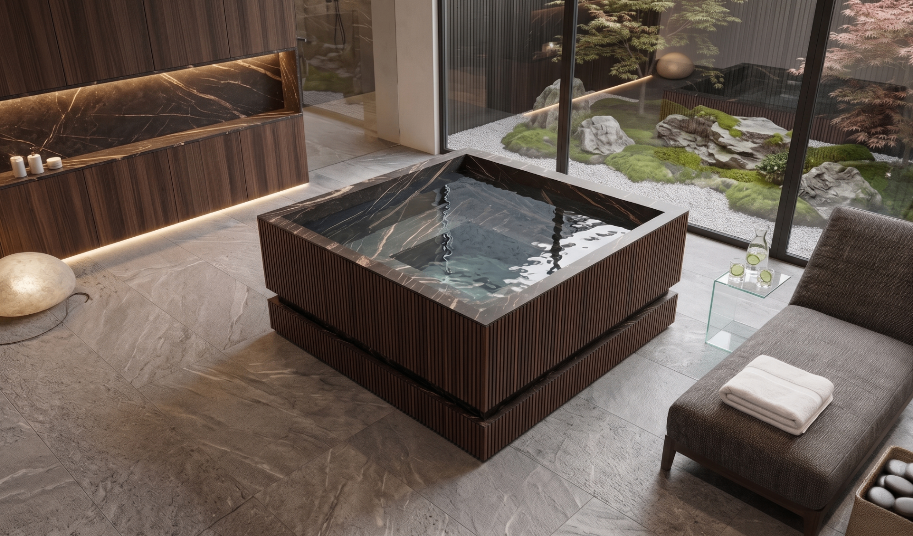 STIG freestanding hot tub in Thermo Ash Noir Désir finish, set within a modern architectural wellness room overlooking a garden