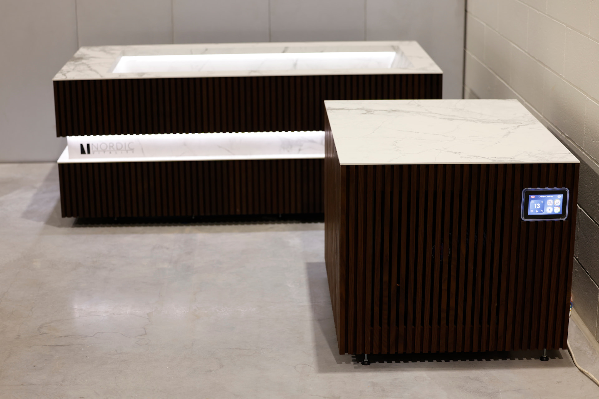 BJORN cold plunge in Thermo Ash Invisible White finish with matching technical cabinet
