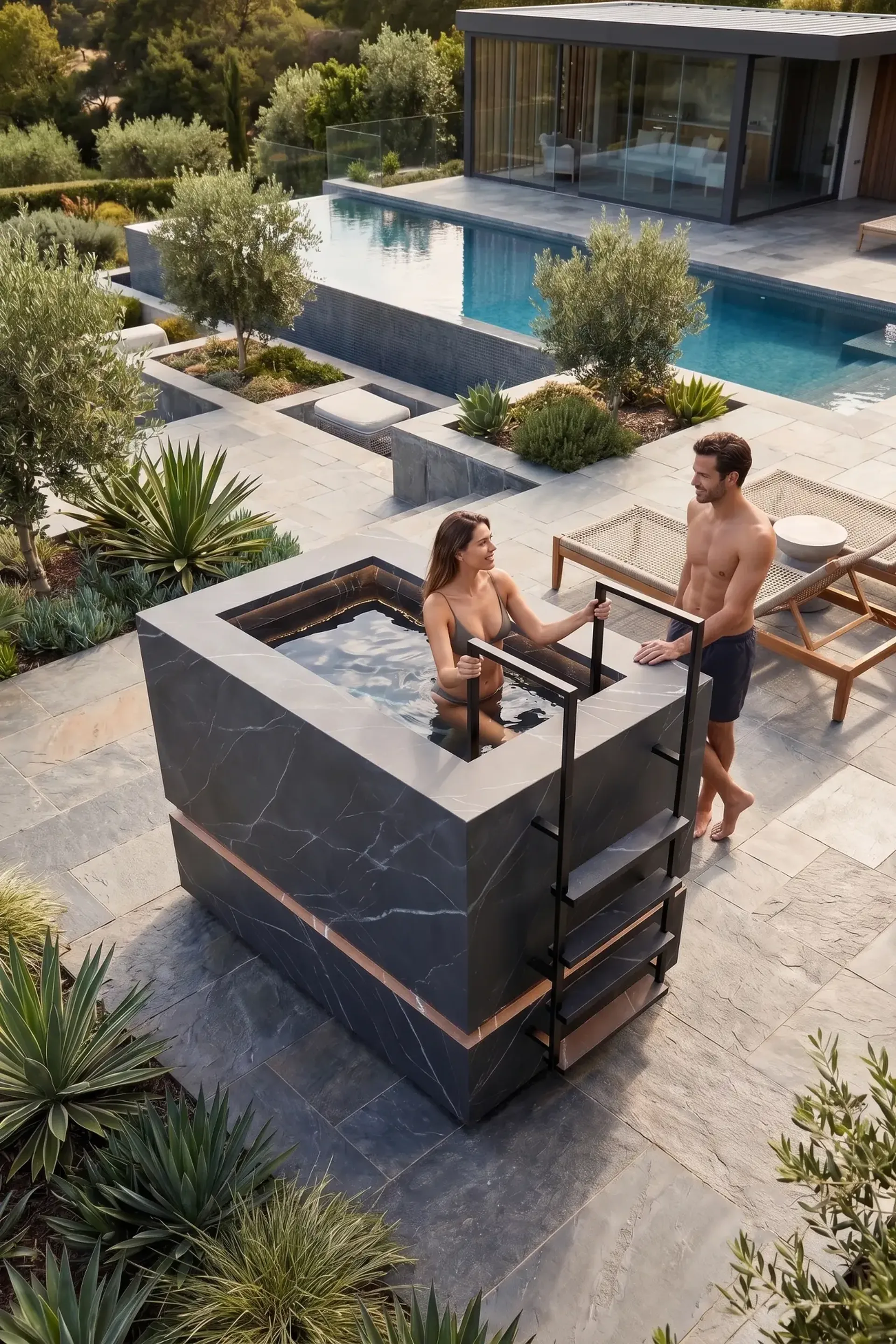 THOR Calacatta Black cold plunge with built-in chiller on a poolside terrace
