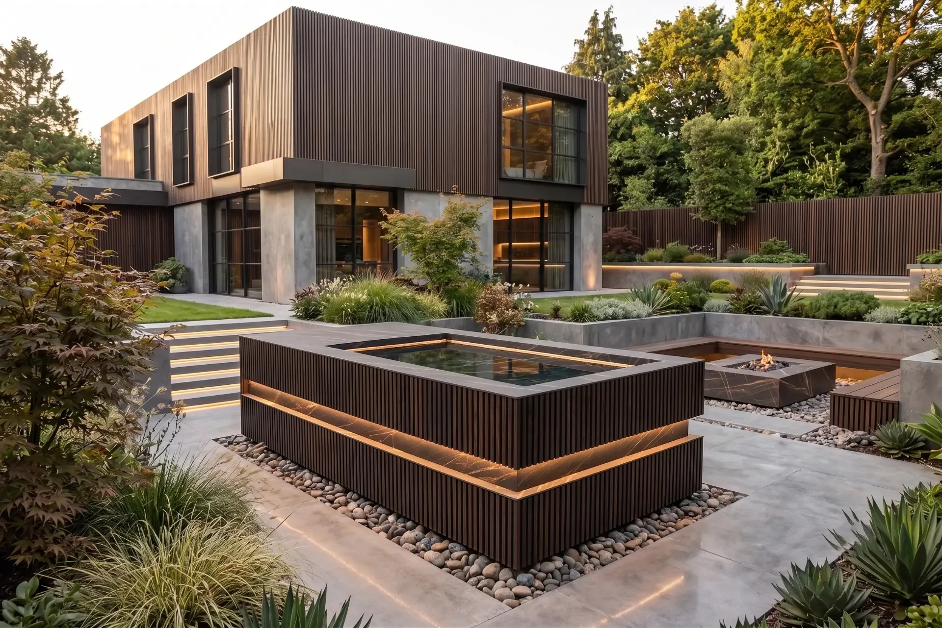 LOKI thermo-ash cold plunge set into an architectural garden terrace at dusk