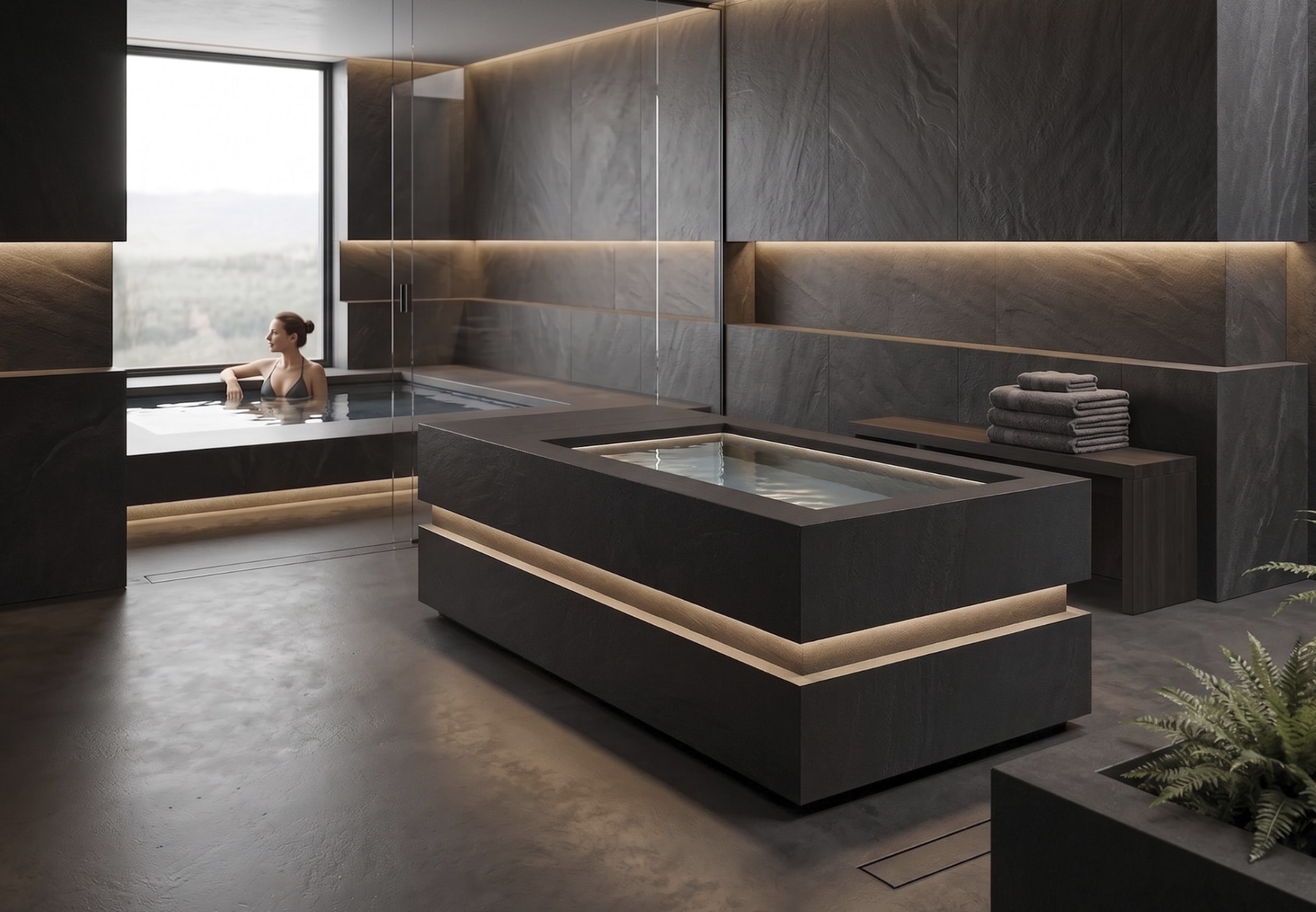 LOKI Ardesia Nero cold plunge in a luxury villa wellness interior