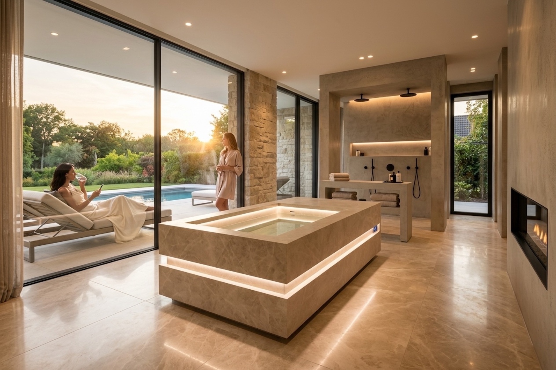 LOKI Diamond Cream cold plunge in a sunlit wellness room with garden view
